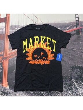 Market Studio Men's Size Small T-Shirt Black Flame Fire Market Logo Graphic Tee